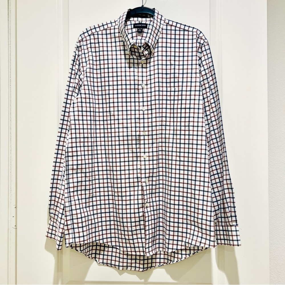 Lands’ End Men’s Shirt No Iron long Sleeve Plaid white Blue brown tall 16 1/2-37